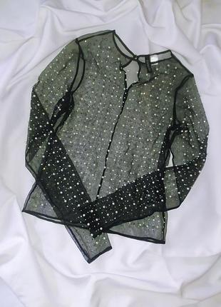 Лонгслів жіночий h&m divided чорний сітка з перлинами та камінцями