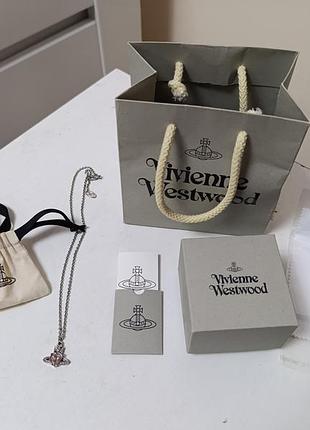 Нежная подвеска vivienne westwood с розовым камушком/кулон овьен вествуд полный комплект
