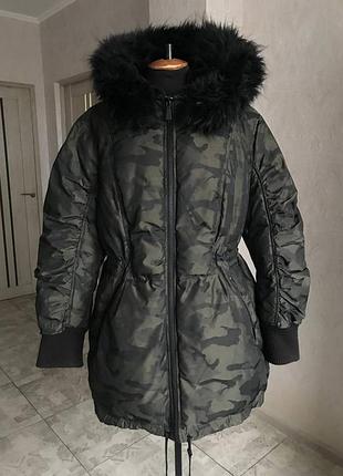 Темно-зеленая куртка, парка милитари с капюшоном и мехом dkny!