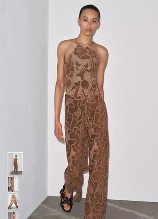 Жіночий костюм zara двійка коричневий зі штучної замші та в'язаними елементами