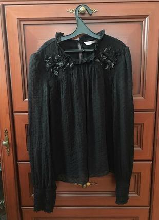 Чёрная блуза блузка с длинным рукавом в горошек с узором с бисером зара zara xs 34