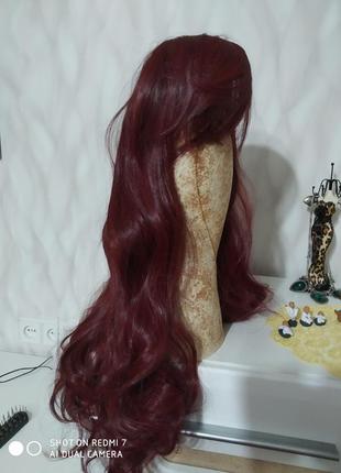 Длинный шикарный густой парик. волнистый парик бордо.6 фото