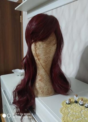 Длинный шикарный густой парик. волнистый парик бордо.1 фото