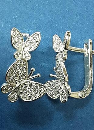 Серебряные серьги бабочки с россыпью из фианитов1 фото