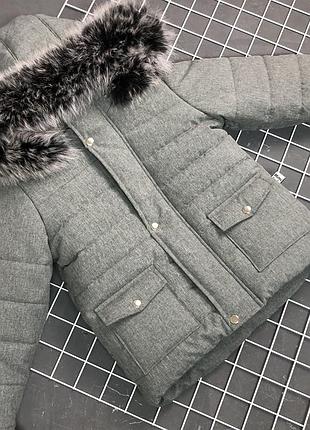 Зимняя куртка серая с мехом песца до -30 мороза на флисе тёплая