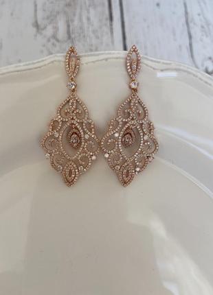 Длинные свадебные серьги розовое золото rose gold серьги люстры вечерние серьги3 фото