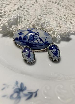 Delft брошь и клипсы серебро