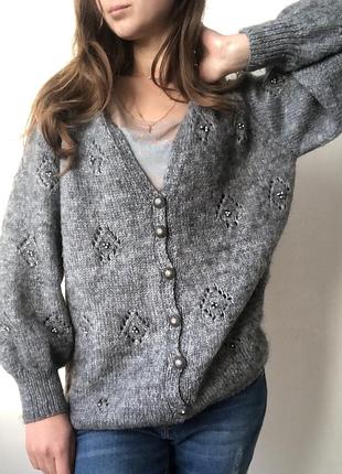 Серый винтажный кардиган ручной работы