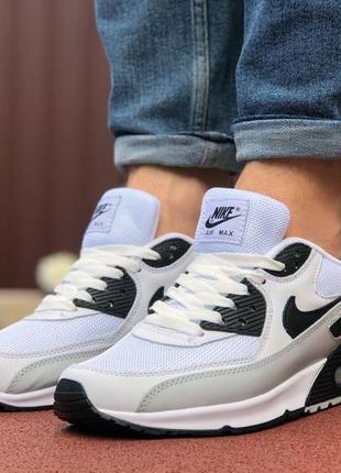 Мужские кроссовки nike air max 90 (белые с серо/чёрным) #найк