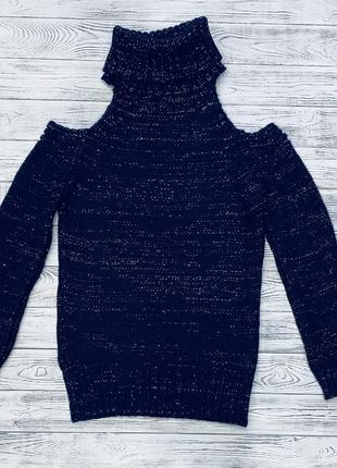 Жіночий темно-синій светр з люрексом, з високим горлом і голими плечима6 фото