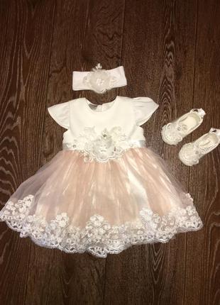 Неймовірно красивий ніжний набір плаття бодік колготки дитячі пов'язка юній принцесі3 фото