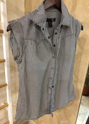 Коттоновая рубашка/блуза с коротким рукавом в черно-белую клетку