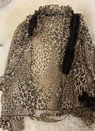 Леопардовый блузон на запах с норковой опушкой5 фото