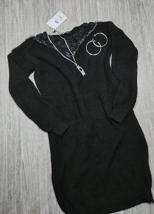 Черное вязаное платье с кружевом, длинная  кофта arjen, p-p s2 фото