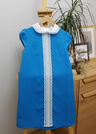 Нежное голубое шёлковое платье с воротником1 фото