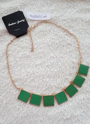 Зеленое золотое ожерелье колье квадраты1 фото