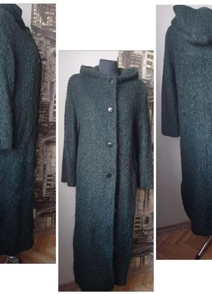 Длинное теплое пальто, шерсть, цвет темно-зеленый, размер 46-48