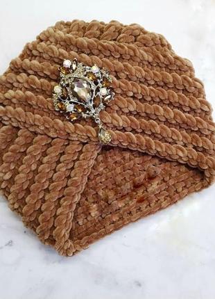 Велюровая чалма тюрбан ручной работы цвета ириски