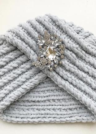 Велюровая чалма тюрбан ручной работы жемчужно-серого цвета