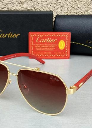 Очки в стиле cartier капли мужские солнцезащитные коричневые в золоте с деревянными дужками