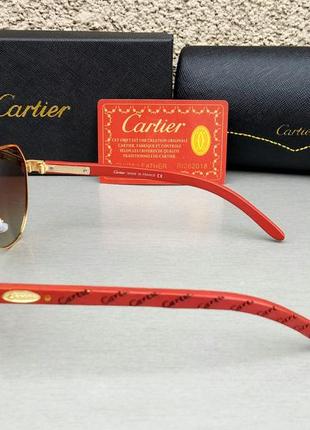 Окуляри в стилі cartier краплі чоловічі сонцезахисні коричневі в золоті з дерев'яними дужками3 фото