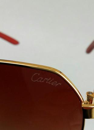 Окуляри в стилі cartier краплі чоловічі сонцезахисні коричневі в золоті з дерев'яними дужками8 фото