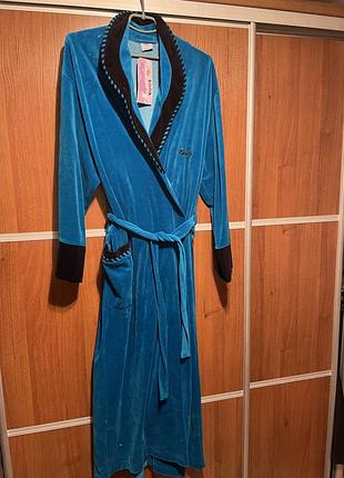 Длинные велюровый халат на запах бирюзовый с чёрным