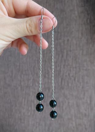 Длинные минималистичные сережки на цепочках с черным натуральным агатом