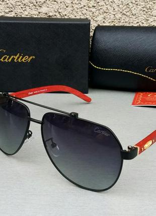 Окуляри в стилі cartier краплі чоловічі сонцезахисні чорні дужки дерево поляризированые