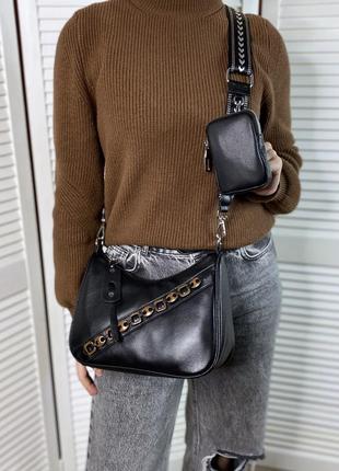 Женская кожаная сумка кросс-боди через плечо чёрная polina & eiterou жіноча шкіряна2 фото