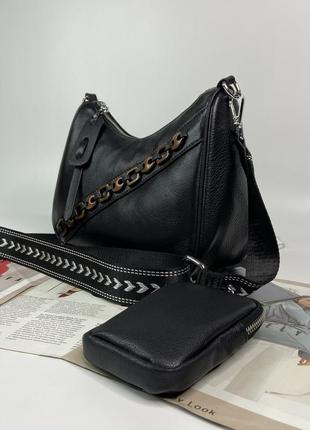 Женская кожаная сумка кросс-боди через плечо чёрная polina & eiterou жіноча шкіряна6 фото