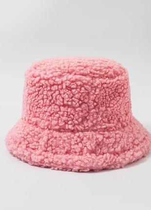 Женская меховая зимняя шапка панама теплая плюшевая розовая(тедди, барашек, каракуль)