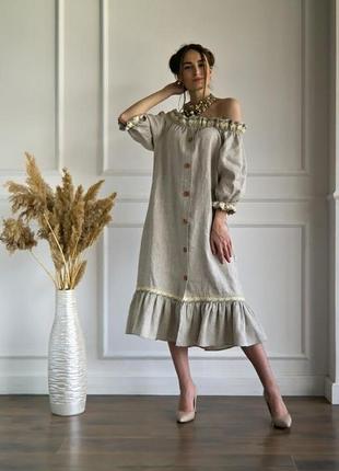 Плаття з відкритими плечима з льону, літнє лляне плаття, стиль бохо1 фото