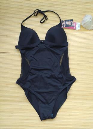 Черный купальник монокини с сеткой по бокам /утяжка халтер daniel hechter