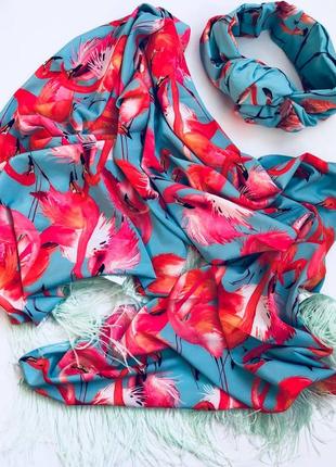 Яркий летний набор "фламинго" my scarf ( большой шелковый шарф+тюрбан)2 фото