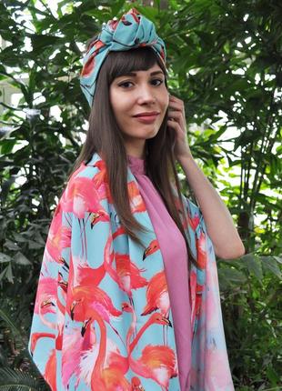 Яркий летний набор "фламинго" my scarf ( большой шелковый шарф+тюрбан)1 фото