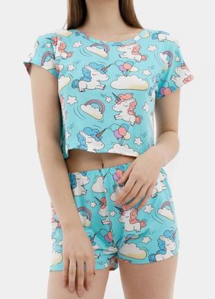 Молодежная пижама топ шорты костюм для дома принт единороги