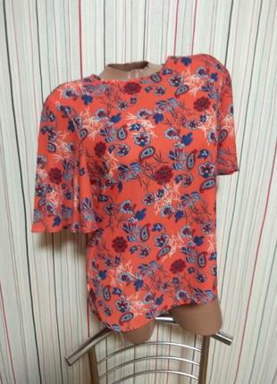 Шифоновая летняя футболка блуза,блузка с коротким рукавом коралловая с цветами