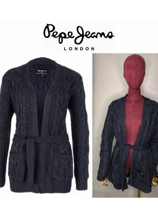 Pepe jeans длинный вязаный кардиган с шерстью альпака тёплый ажурный с поясом синий