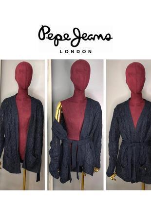 Pepe jeans длинный вязаный кардиган с шерстью альпака тёплый ажурный с поясом синий2 фото