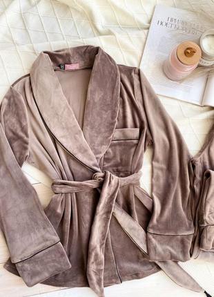Плюшевая пижама, костюм для дома, велюровый комплект халат + штаны5 фото