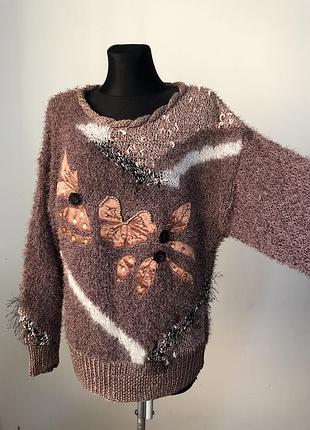 Винтаж 42-44 джемпер восьмидесятые беж колорблок апликация травка