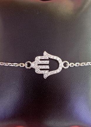 Женский серебряный браслет рука фатимы на цепочке плетение якорь усыпанная фианитами