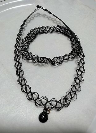 Ажурний чокер і браслет чорного кольору, плетений5 фото
