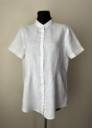 Блузка 48 белая лён короткий рукав блуза льняная базовая летняя рубашка плотный лен