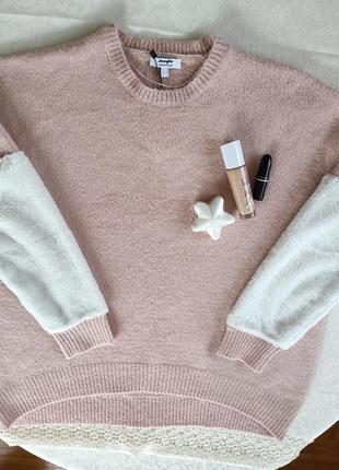 Стильний нюдовый светр, кофта оверсайз s,м, рукава-хутро