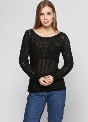 Шикарный чёрный объемный свитер крупной геометрической вязки паутинка оверсайз свитер