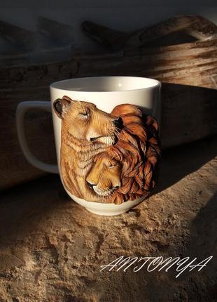Закохані леви чашка з декором5 фото