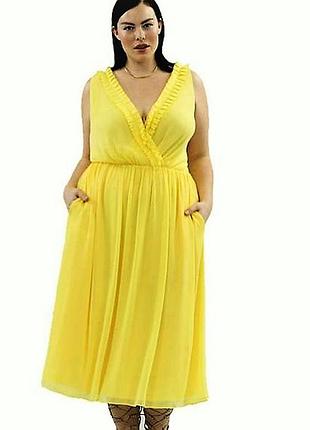 Платье батал стиль бохо-шик миди желтого цвета с вырезом сзади plus 22w