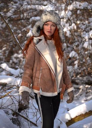 Бежева дублянка-авіатор шерсть на еко-замші4 фото